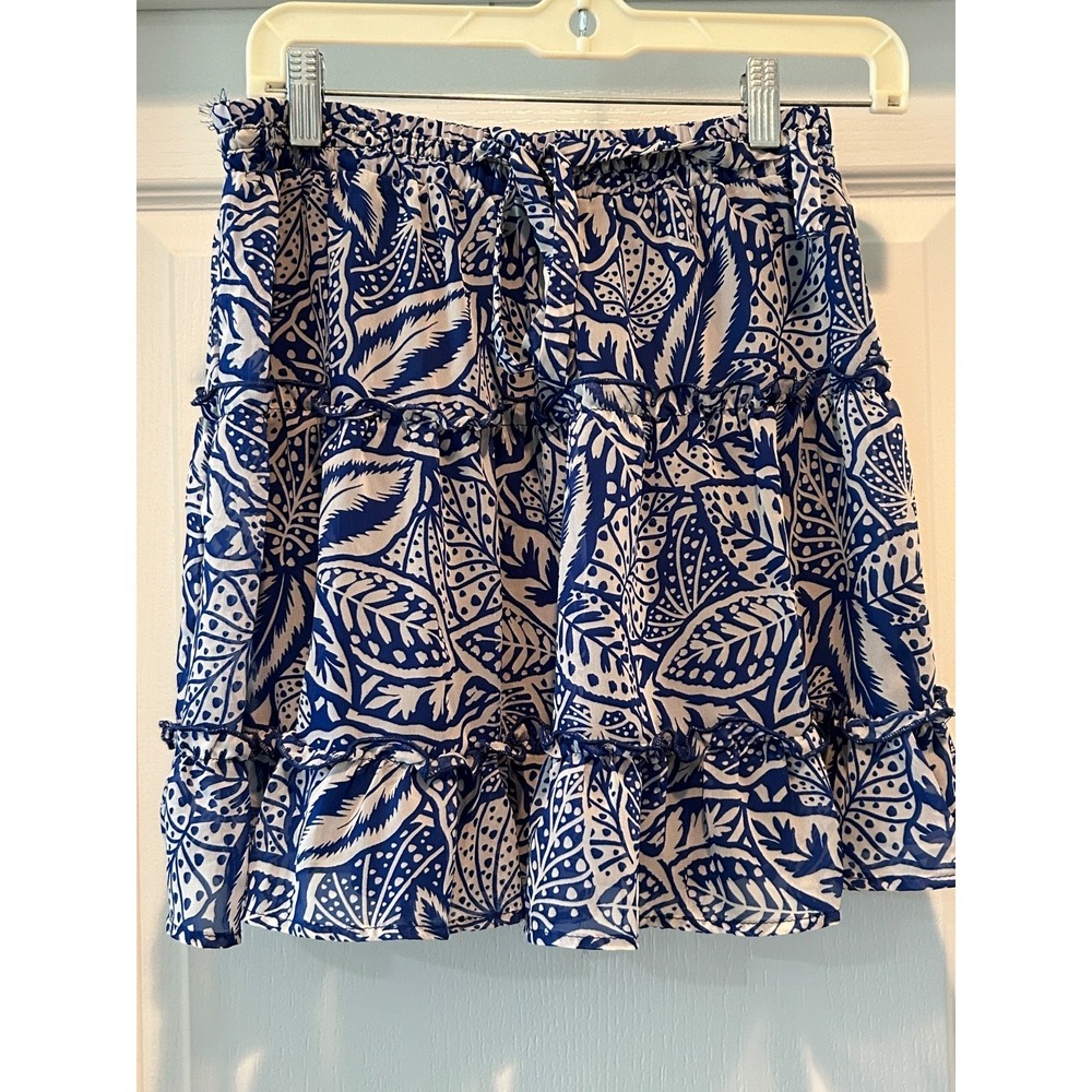 Sienna Sky Mini Skirt L Blue White Floral Tiered Lined  Fairy Core Whimsy